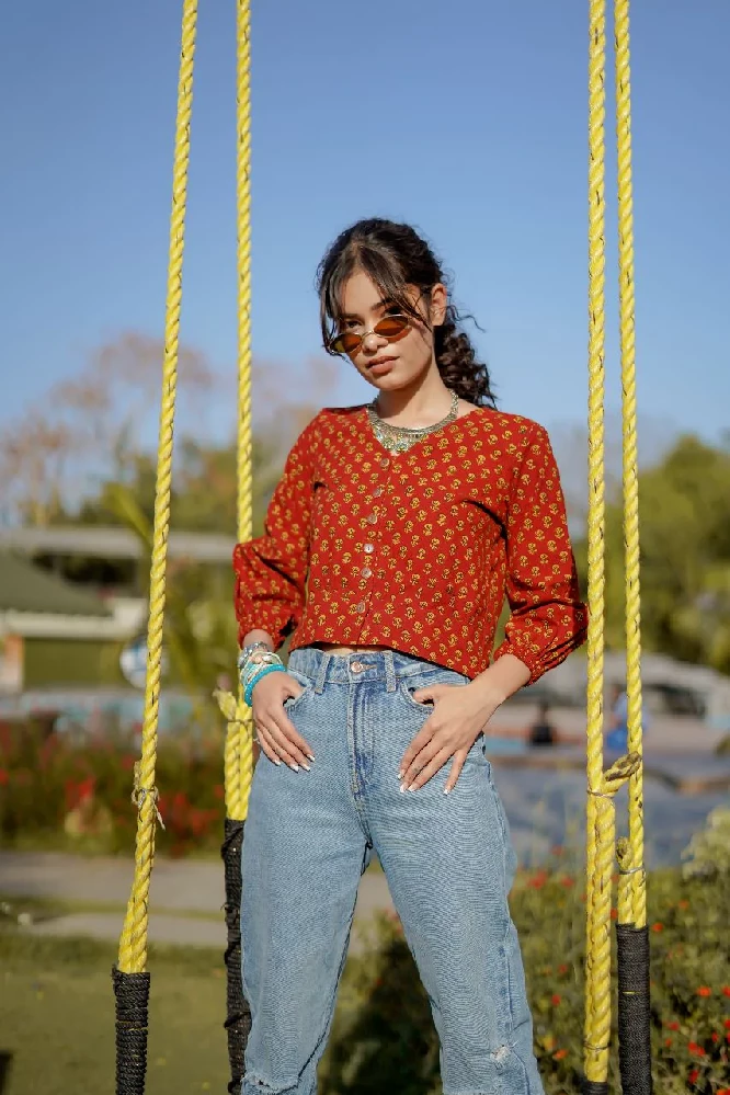 Red Cotton Crop Top with Yellow Bagh Hand-Block Print-6.webp